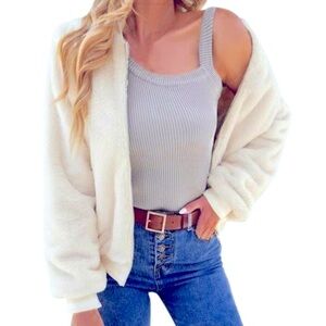 NWT OLIVIA SKY Ivory shearling Baseball Bomber jacket women size M
